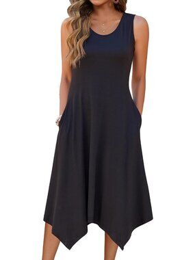 🆕Women's Solid Black Summer Tank Dress Loose Flowy Beach Dress Flare Midi Dress